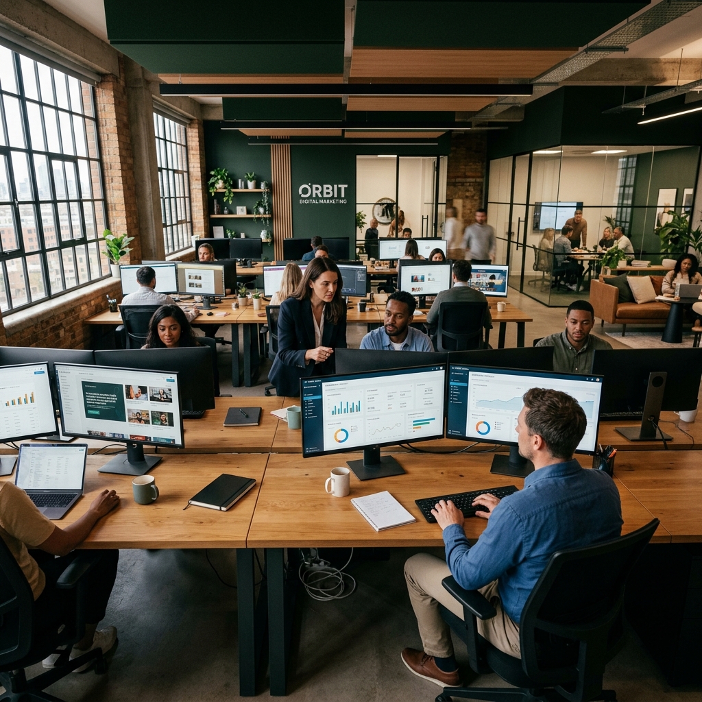 Brandlumeo team at work in a modern agency office